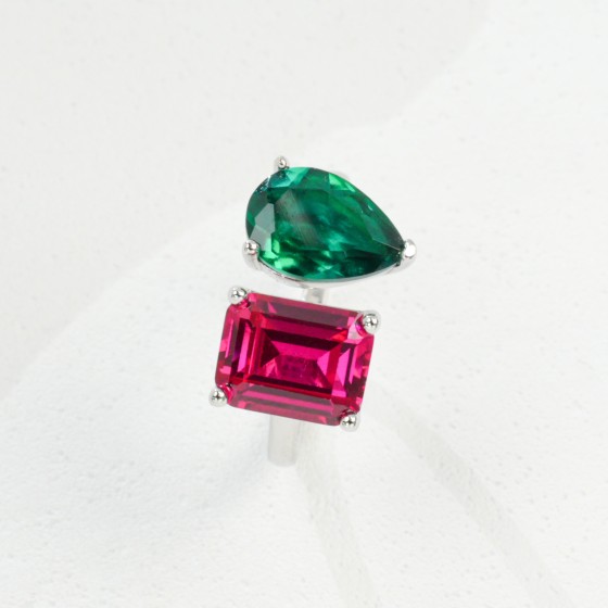 Sterling Silver Lab-Grown Emerald & Ruby Ring（R0720LR)