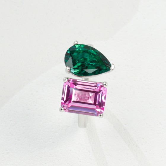 925 Silver Ring with Lab-Grown Emerald & Lab-Grown Padparadscha Sapphire（R0720HR)