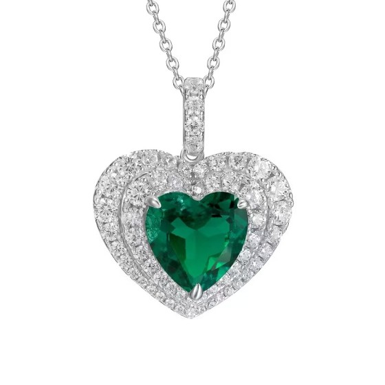 925 Silver Lab-Grown Emerald Heart Pendant Without Chain（P0076)