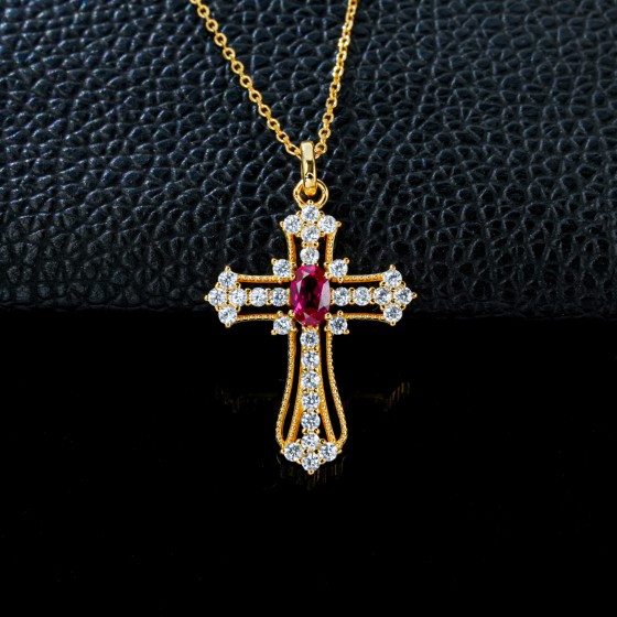 925 Sterling Silver Lab-Grown Ruby Necklace – Gold Plated Yellow(P1108R)