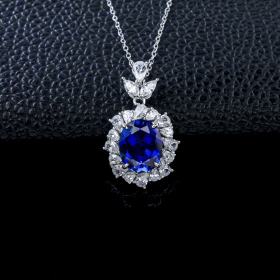 925 Sterling Silver Lab-Grown Sapphire Necklace(P1337-1B)