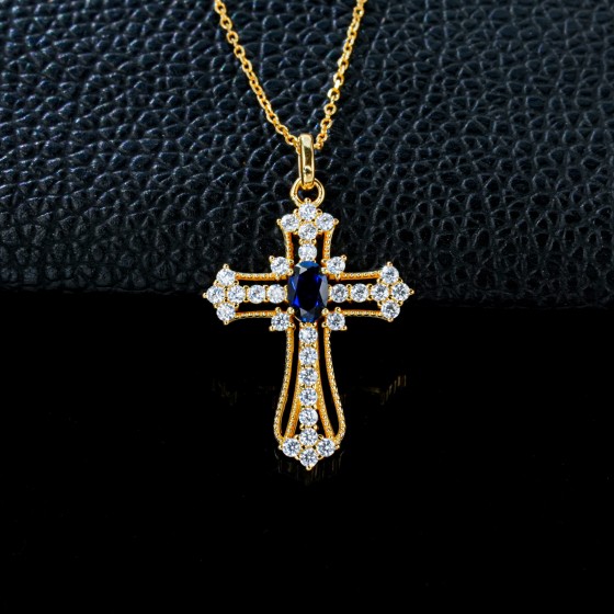 925 Sterling Silver Lab-Grown Sapphire Necklace, Yellow Gold Plated (P1108B)