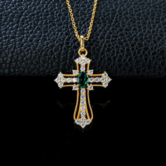 925 Sterling Silver Lab-Grown Emerald Necklace, Yellow Gold Plated (P1108L)