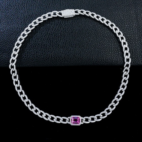 925 Sterling Silver Lab-Grown Padparadscha Sapphire with Cuban Chain (P168YHR)