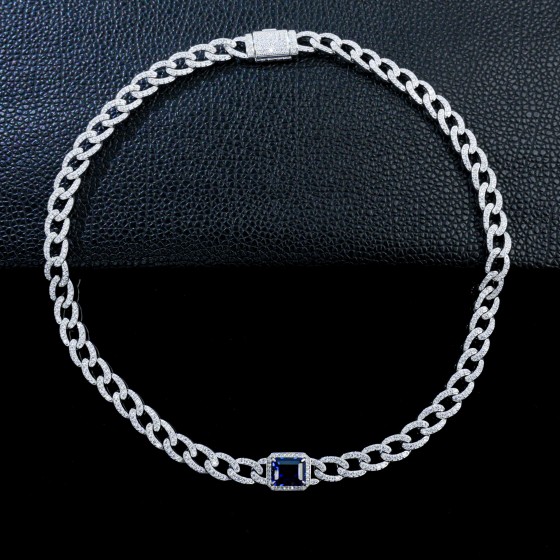 925 Sterling Silver Lab-Grown Sapphire Cuban Chain (P168YDB)