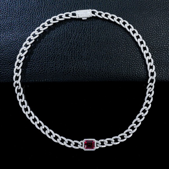 925 Sterling Silver Lab-Grown Ruby Cuban Chain (P168YR)