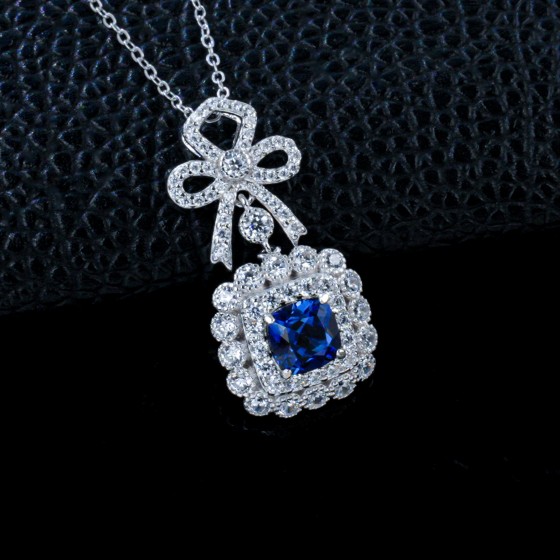 925 Sterling Silver Lab-Grown Sapphire Necklace(P0699DB)