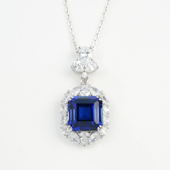 925 Sterling Silver Lab-Grown Sapphire Necklace(P0889B)