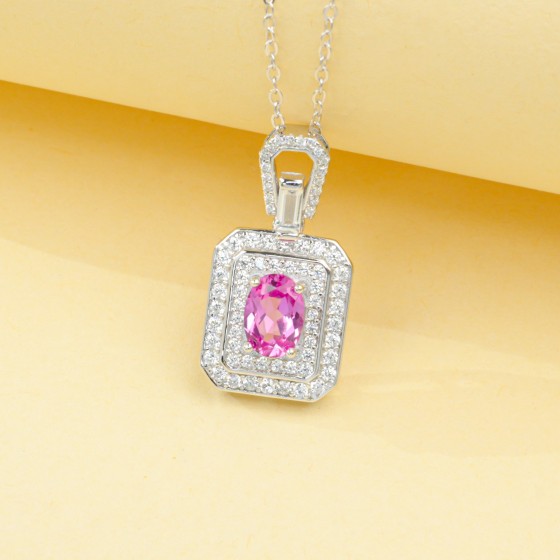 925 Sterling Silver Lab-Grown Padparadscha Sapphire Necklace(P5003H R)