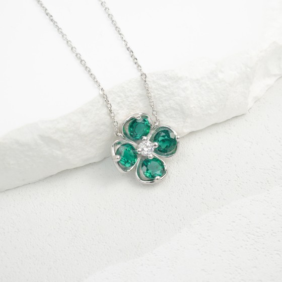 925 Sterling Silver Lab-Grown Emerald Necklace(P1055)