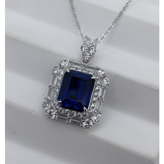 925 Sterling Silver Lab-Grown Sapphire Necklace(ZHF-P1316B)