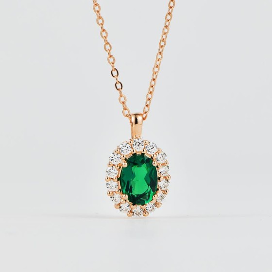925 Silver Lab-Grown Emerald Oval Necklace (AP0317R) 吊牌简写