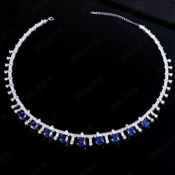 925 Sterling Silver Lab-Grown Sapphire Necklace(ZHF-P0836B)