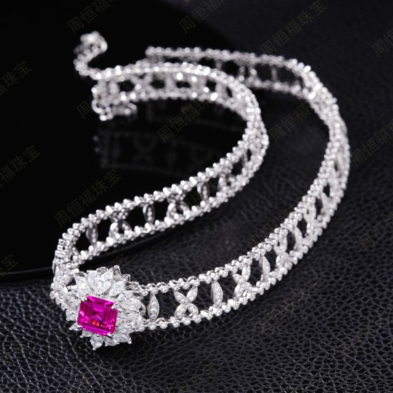 925 Silver Lab-Grown Padparadscha Sapphire Choker (ZHF-P1491F)