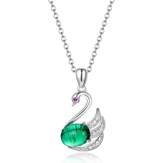 925 Silver Lab-Grown Emerald Swan Necklace (AT3-P2020303)